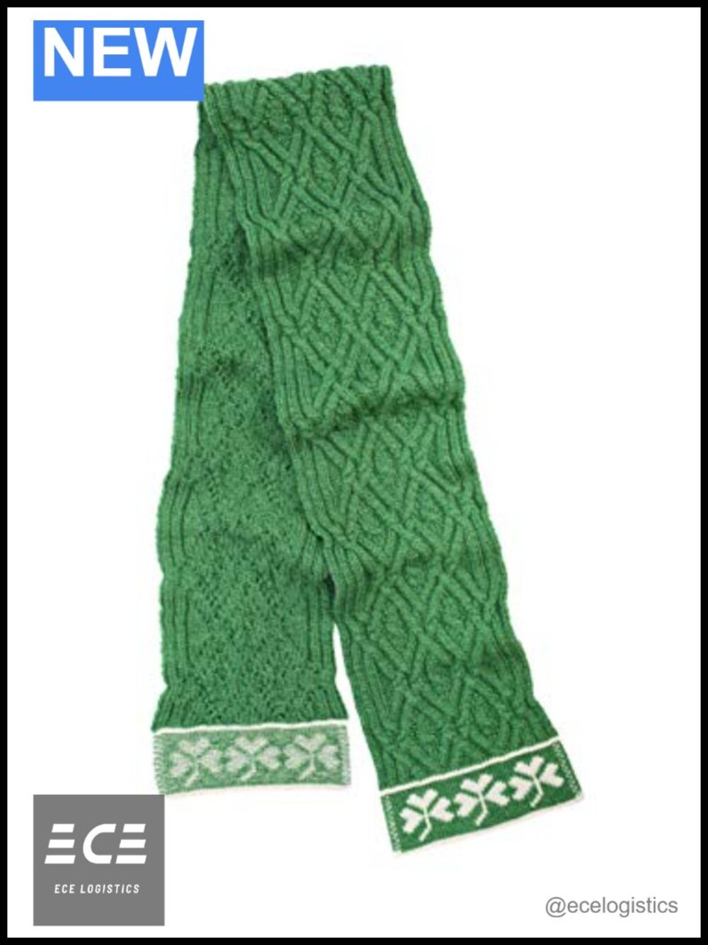 Merino Wool Aran Knit Scarf with Shamrock Design Oversized Chunky